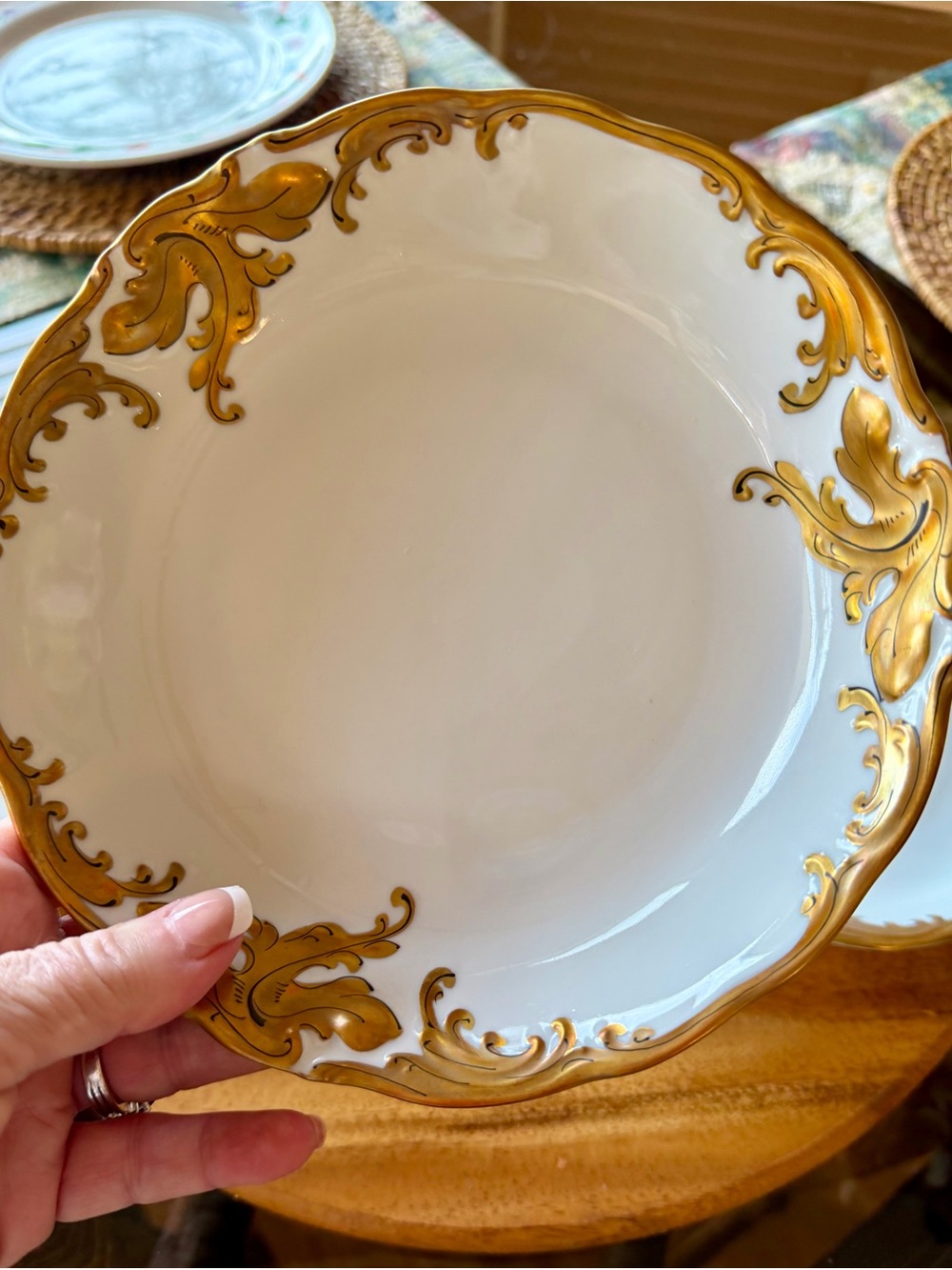 White Porcelain Dinner Salad Dessert Bowl with Gold Scroll Accent 7.5” 4 pc set